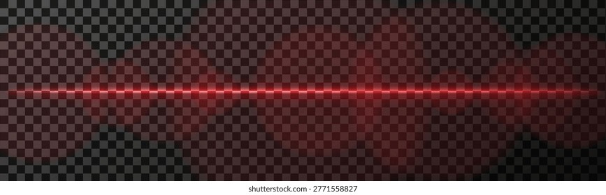 horizontal red laser line, neon beam with light glare, vector image
