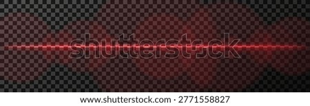 horizontal red laser line, neon beam with light glare, vector image