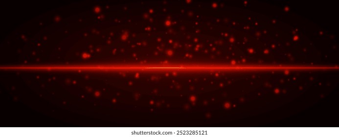 Horizontal red light effect isolated on dark background. Neon stripe with bright glowing lines and sparkling particles. Abstract rays. Vector illustration.