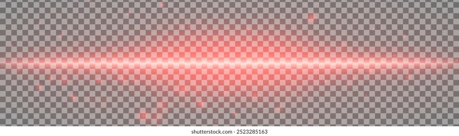 Horizontal red light effect isolated on transparent background. Bright glowing beam with lens flare and soft glow. Graphical patch of reflected light. Abstract rays. Vector illustration.