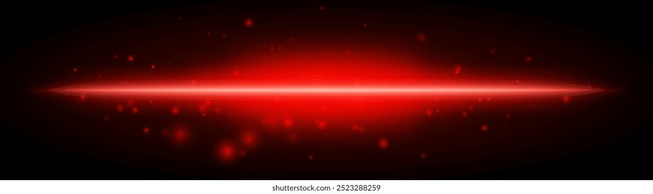 Horizontal efecto de luz roja aislado sobre fondo oscuro. Brillante haz brillante con destellos y destellos de lente. Parche gráfico de luz reflejada. Rayos Abstractas. Ilustración vectorial.