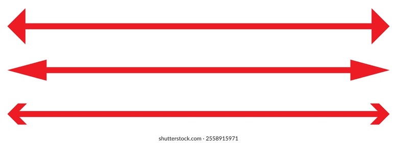 Horizontal red long straight arrow signs. Double horizontal arrow icon. red Browse Horizontal Two Way Arrow Icons. Straight long dual arrow vector icon.