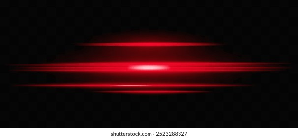 Horizontal red neon light streaks isolated on dark background. Bright glowing lines with motion blur effect. Graphical patch of reflected light. Abstract rays. Vector illustration.