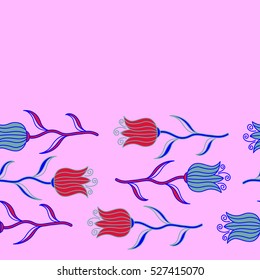 Horizontal red, neutral and blue tulips for fabric or embroidery.