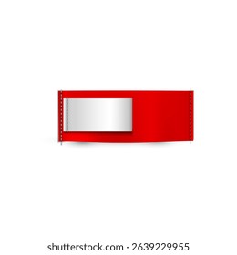 Horizontal red textile label with stitching along the edges and cotton white ribbon for size. Information about clothing or brand. Realistic blank mockup. Vector illustration.