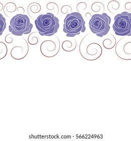 Horizontal red and violet roses. Vector floral seamless pattern with copy space (place for your text).