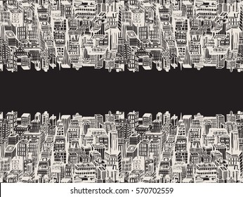 Horizontal reflection banner of big city with skyscrapers. Hand drawn illustration with New York NYC, cityscape with panoramic view of architecture, skyscrapers, megapolis, buildings, downtown.
