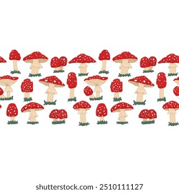 Borda horizontal repetível de cogumelos amanita bonitinhos vermelhos com grama. Vetor borda sem costura em um fundo branco para crianças
