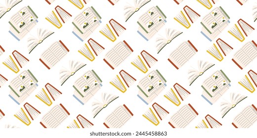 Horizontal fondo repetitivo con libros abiertos. Ilustración vectorial de tiempo de lectura aislada en blanco. Diferentes libros de texto sin patrón en estilo plano dibujado a mano. Diseño de papel de embalaje para la librería