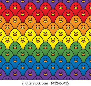 Horizontal Repeating Double Row Pattern of Staring Cute Little Chicks in Rainbow Colours of the LGBT Pride Flag
