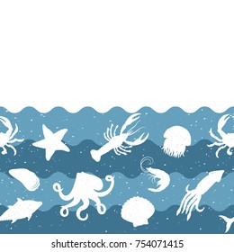 Horizontal repeating pattern with seafood products. Seafood seamless banner with underwater animals. Tile design for restaurant, fish food industry or market shop.
