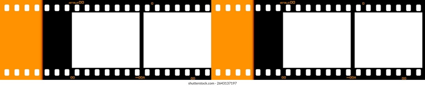 Horizontal retro film strip layout with orange edges and blank photo frames. Classic analog photography look for media, scrapbooking, and creative projects. Vector EPS 10