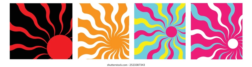 Fundo groovy retro horizontal com brilho sunburst no estilo 60s, 70s. Impressão gráfica colorida na moda. Ilustração vetorial.