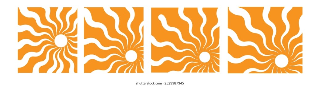 Fundo groovy retro horizontal com brilho sunburst no estilo 60s, 70s. Impressão gráfica colorida na moda. Ilustração vetorial.