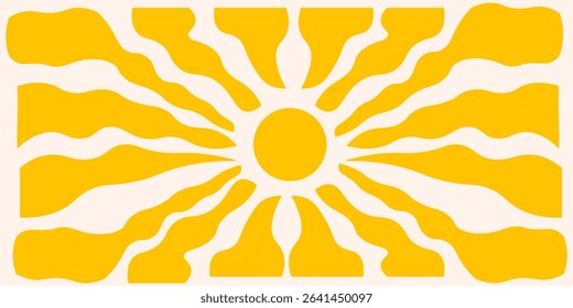 Horizontal retro groovy background with bright sunburst  in style 60s, 70s. Trendy colorful graphic print. Vector illustration
