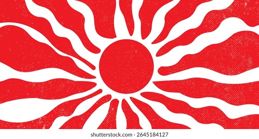 Horizontal retro groovy background with bright sunburst in style 60s, 70s. Trendy colorful graphic print.eps10Horizontal groovy retro background with bright red sun rays in 60s, 70s style.