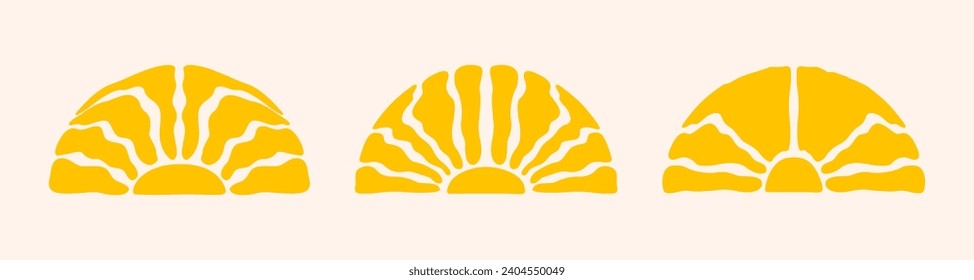 Horizontal retro set groovy backgrounds with bright sunburst in style 60s, 70s. Trendy colorful graphic print. Vector illustration
