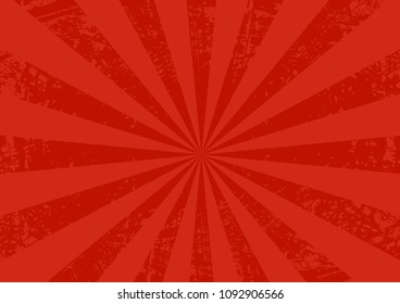 Horizontal retro sunburst background with grunge texture. Red backdrop with sun rays. Empty space for text. Vector illustration.