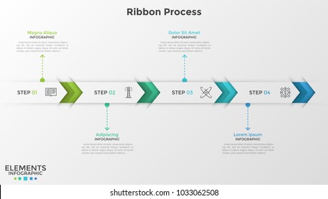 Horizontal Ribbon Or Stripe Divided Into 4 Arrow-like Parts With Thin Line Pictograms Inside. Concept Of 4 Successive Steps Of Business Development. Infographic Design Template. Vector Illustration.