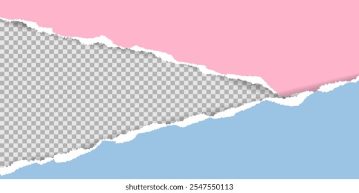 Horizontal Ripped paper Texture background. Blue Pink paper sheet with Torn edge. Copy space. Abstract Layered backdrop. Modern Template for Banner Social media Poster Business Design