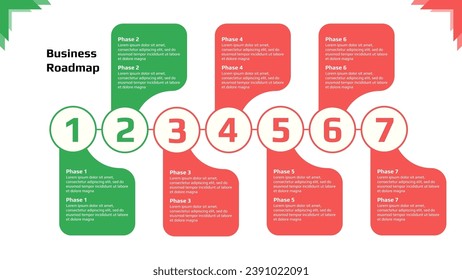 Hoja de ruta horizontal con hitos verdes y amarillos sobre fondo blanco. Plantilla de línea de tiempo de infografía para presentación de negocios. Ilustración vectorial.