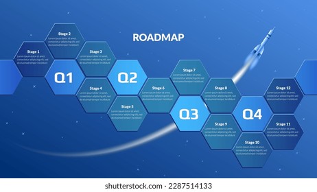 Horizontal roadmap with honeycombs and space rocket on blue starry background. Timeline infographic template for business presentation. Vector illustration.