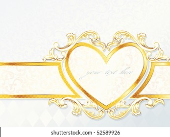 Horizontal rococo wedding banner with heart emblem, includes transparencies (Eps10); JPG version also available