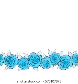 Horizontal rose flowers in blue and neutral colors, abstract, stylized with place for your text. Seamless pattern can be used as greeting card, invitation card, for wedding, birthday or other holidays