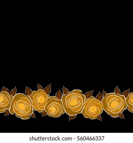 Horizontal rose flowers in brown and yellow colors, abstract, stylized with place for your text. Seamless pattern can be used as greeting card, invitation card, for wedding, birthday or other holidays