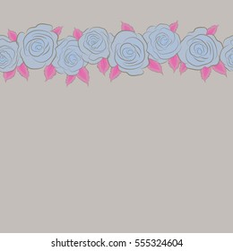 Horizontal rose texture vector Illustration. Abstract seamless pattern with stylized pink, blue and gray rose flowers and copy space (place for your text). Hold rose flower.