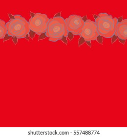 Horizontal roses in red, orange and gray colors. Vector illustration. Seamless background pattern with copy space (place for your text). Hand drawn elements.