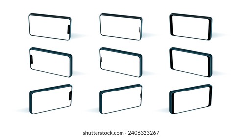 Amortización horizontal del ángulo del teléfono de rotación. Interfaz móvil de Smartphone. Pantalla de perspectiva moderna del teléfono móvil sobre dispositivo androide. Plantilla de vista lateral para demostración de ui