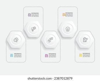 horizontal round hexagon steps timeline infographic element report background with business line icon 5 steps for any business-related presentation or publication vector illustration