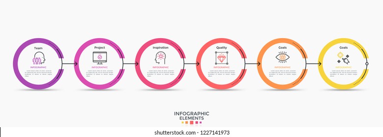 Horizontal row of 4 colorful circular elements connected by arrows. Modern flat infographic design template. Simple vector illustration for business presentation, brochure, corporate report.
