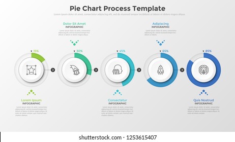 Horizontal row of 5 circular paper white elements with percentage indication connected by arrows. Pie chart process template. Vector illustration for business project completion visualization.