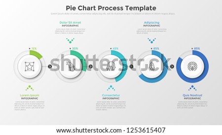 Horizontal row of 5 circular paper white elements with percentage indication connected by arrows. Pie chart process template. Vector illustration for business project completion visualization.
