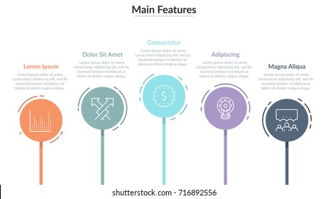 Horizontal Row Of 5 Colorful Round Elements With Thin Line Symbols Inside And Text Boxes. Concept Of Five Main Features Of Business Process. Simple Infographic Design Template. Vector Illustration.