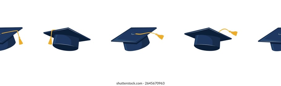 Horizontal Row Of Blue Academic Graduation Hats With Tassels. Educational Celebration Theme For Header, Poster, And Wallpaper. Vector Illustration. Graduation Concept.