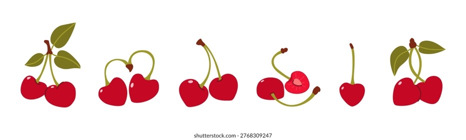 A horizontal row of cherry illustrations, including heart-shaped berries and sliced ​​cherries with pits. Ripe red cherries with leaves and stems are a collection of sweet summer berries. Vector fruit elements for summer and Valentine's Day.