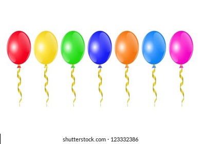 horizontal row of colorful balloons with golden ribbons
