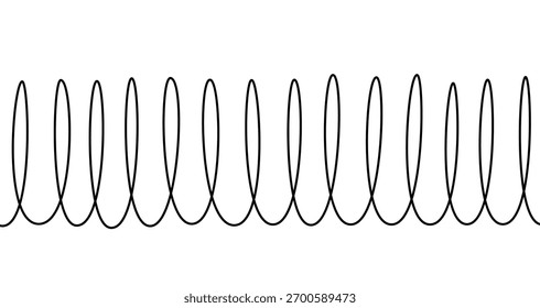 Linha horizontal de círculos verticais contínuos ou espiral alongada em um estilo de arte de linha. Desenho de um símbolo de movimento ou mola com traço preto editável em um fundo branco. Ilustração vetorial.