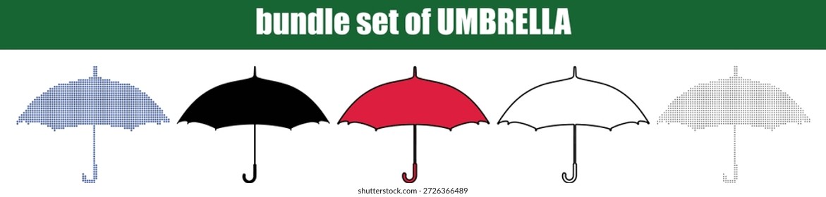 Uma linha horizontal exibe um conjunto abrangente de cinco ilustrações de guarda-chuva distintas, cada uma apresentando características únicas de design. 