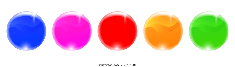 A horizontal row of five vibrantly colored, glossy, threedimensional spheres with reflective surfaces, presented as modern digital user interface elements on a white background.
