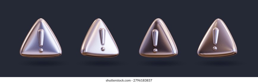 Horizontal row of four 3D rendered metallic warning symbols featuring exclamation points inside triangles with rounded edges and iridescent finish isolated on dark background.
