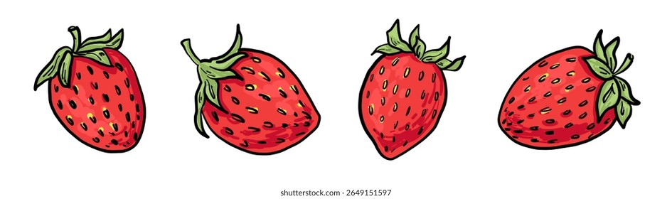 Horizontal row of four individual red strawberries with green tops. Perfect for branding, packaging, stickers, recipe cards, and seasonal designs.