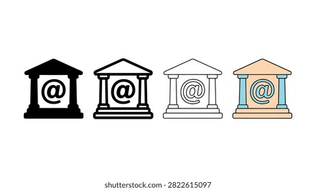 A horizontal row of four stylized building icons with columns and an atsymbol representing digital banking and internet financial services