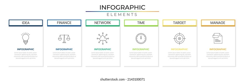 Fila horizontal mínimo elementos de infografía planea el vector de diseño con iconos. Plantilla de proyecto de red de seis opciones para presentación e informe.