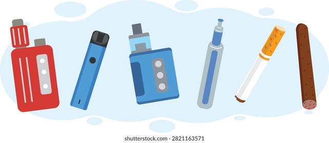 Horizontal row of modern vaping devices e-cigarettes paper cigarette and cigar for electronic smoking alternative comparison nicotine dependence and health awareness