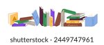 Horizontal row of paper books. Bookshelf of different literature, novels, diaries, for reading, studying. Stacks of textbooks with colored cover. Flat isolated vector illustration on white background