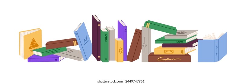 Horizontal row of paper books. Bookshelf of different literature, novels, diaries, for reading, studying. Stacks of textbooks with colored cover. Flat isolated vector illustration on white background